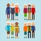 Old people standing. Elderly men and women europeans and african american ethnic friends. Senior stand and hug each other. Set