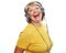 Old people, tehnology and emotion concept: Cheerful elderly woman listening to music