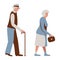 Old People Walking, Elderly Man Walks with a Cane, Aged Woman with a Handbag. Seniors. Gray-haired Grandmother, Grandfather in