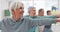 Old people in yoga class, fitness and stretching with happiness, wellness and retirement. Health, exercise and warm up