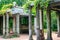 Old pergola-veranda 1865 in Italian style twined with wild grapes at the Catherine Park in Tsarskoye Selo, Pushkin, Russia