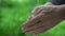 Old person washes radish in water against blurry garden