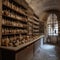 Old pharmacy interior. Wooden table and shelves with variety of dusty glass bottles staying near window on stone floor