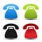 Old phone symbols on white background. Contact buttons, labels in blue, green, black and red color. Simple telephone stickers.
