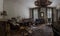 old piano in a demolished room from a house panorama