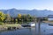 Old pier in the backwaters of the Columbia River with yellowed a