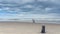 Old pier posts in sand that lead to horizon