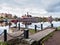 The old pier on the river Ekteringofka in St. Petersburg with a