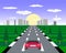 Old pixel race computer game. Sports car rides on the highway against the backdrop of the cityscape