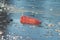 Old plastic bottle floating on a frozen lake