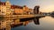 Old port with medival crane and promenade in Gdansk.