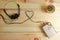 Old portable cassette tape player and headphones on wooden