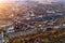 An old power station generating heat and electric energy for heating and lighting urban houses. Aerial view.