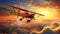 Old propeller Airplane flying in the sunset sky. Aircraft passing through the orange clouds. An old plane flying in the beautiful