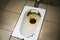 An old public floor-standing toilet, with broken tiles and rust. foreground and background blurred with bokeh effect