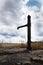 Old pump with dry soil, dramatic cloudy sky, water shortage