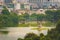 OLD QUARTER, HANOI/VIETNAM - JULY 16: City and top view of The Huc bridge and Ngoc Son temple on 07 16 2019 in Lake of the