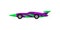 Old racing car with tinted windows and spoiler. Bright purple sports automobile with green wrap decal. Flat vector icon