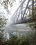 Old railroad bridge over the Snoqualmie River in fog
