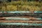 Old railroad sleeper,Selective focus wooden railway