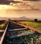 Old railway abandoned at the sunset