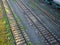 Old railway tracks. View from above. Railway in the moss. Road concept. Train station