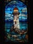 Old Realistic Stained Glass Window with the image of a lighthouse - white and blue tones