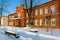 Old red brick building of Museum of Local History and Local Lore, winter cityscape, Senno, Vitebsk region, Belarus