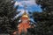 Old red brick Christian church with golden and gilded domes against a blue sky and tree branches. Concept faith in god, orthodoxy