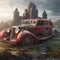 Old Red Car On Destroyed Castle - Photorealistic Epic Fantasy Scene