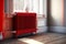 old red heating radiator with thermostat on floor and white heating radiator near the window