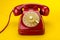 Old red phone on yellow background