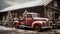 Old Red Pick-up Truck Carrying A Christmas Tree Parked Outside Festively Decorated Barn Shop. Generative AI