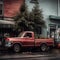 An old red pickup truck parked in the street