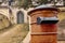 The old red postbox at the historical Ramnagar Fort in Varanasi, India