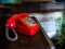 Old red telephone placed on an old wooden desk. The back has light blue wood and brown. And green trees