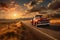An old red truck drives down a peaceful country road surrounded by picturesque scenery, A pick-up truck on an open road in the