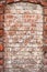 Old red weathered brick wall, blocked doorway, grunge background