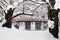 Old red wooden bridge of Hirosaki Castle in winter season, Aomori, Tohoku, Japan