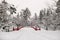 Old red wooden bridge of Hirosaki Castle in winter season, Aomori, Tohoku, Japan