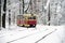 Old red yellow tram rides through the snowy forest.