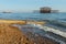 The old remains of Brighton Pier left standing in sea with beautiful waves in Brighton and Hove`s West Pier. Old vintage West Pie