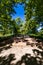 Old renovated retro bridge with green metal railings over small river in small colorful park