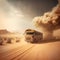An old retro bus rides along a road in the desert against the backdrop of a sandstorm. AI generated