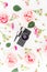 Old retro camera and roses, buds and leaves on white background. Flat lay, top view. Vintage background.