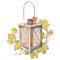 Old retro lantern with grape leaf arrangement.