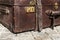 Old retro leather suitcases detail closeup