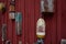 Old retro lobster buoys on the red wall