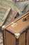 Old retro objects antique of luggage valise suitcases, wooden boxes