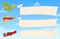 Old retro propeller planes with ribbons banners for text. Airplanes for flight in the sky among the clouds. Vector